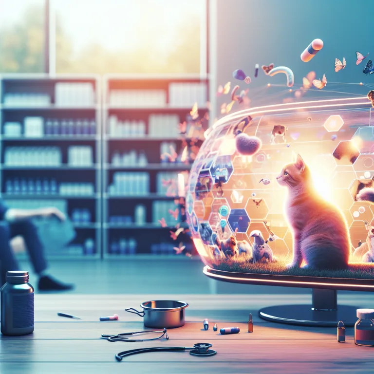 A cat sits in front of a futuristic screen displaying vibrant animations of animals and health products in a modern setting.