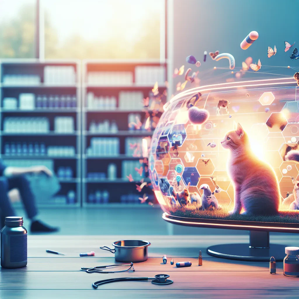A cat sits in front of a futuristic screen displaying vibrant animations of animals and health products in a modern setting.
