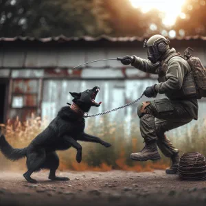 Soldier in tactical gear engages with a barking German Shepherd on a leash in an outdoor setting.