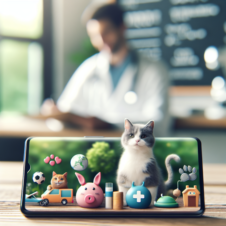 A smartphone displays animated pets and icons related to veterinary care, with a vet in the background.