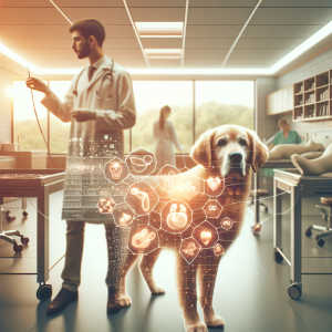 A veterinarian examines a golden retriever in a modern clinic, with digital health icons overlaying the dog.