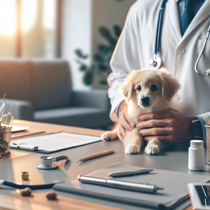 A veterinarian in a white coat holds a small dog in a cozy office, surrounded by medical tools and paperwork.