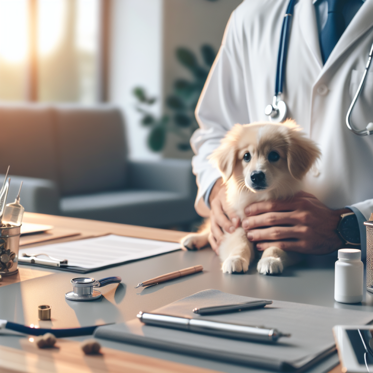 A veterinarian in a white coat holds a small dog in a cozy office, surrounded by medical tools and paperwork.