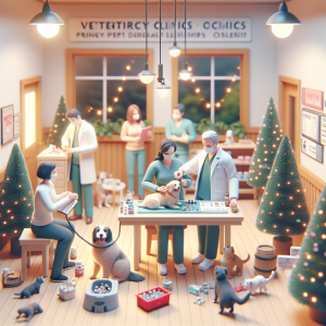 A whimsical veterinary clinic scene featuring staff caring for pets, holiday decorations, and cozy indoor settings.