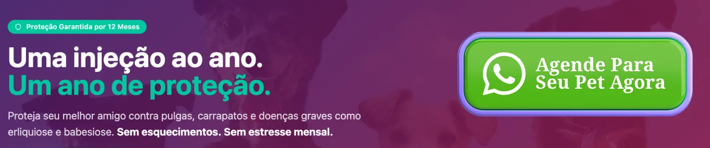 Uma Injeção Ao Ano.
Um Ano De Proteção.
Proteja Seu Melhor Amigo Contra Pulgas, Carrapatos E Doenças Graves Como Erliquiose E Babesiose. Sem Esquecimentos. Sem Estresse Mensal.

