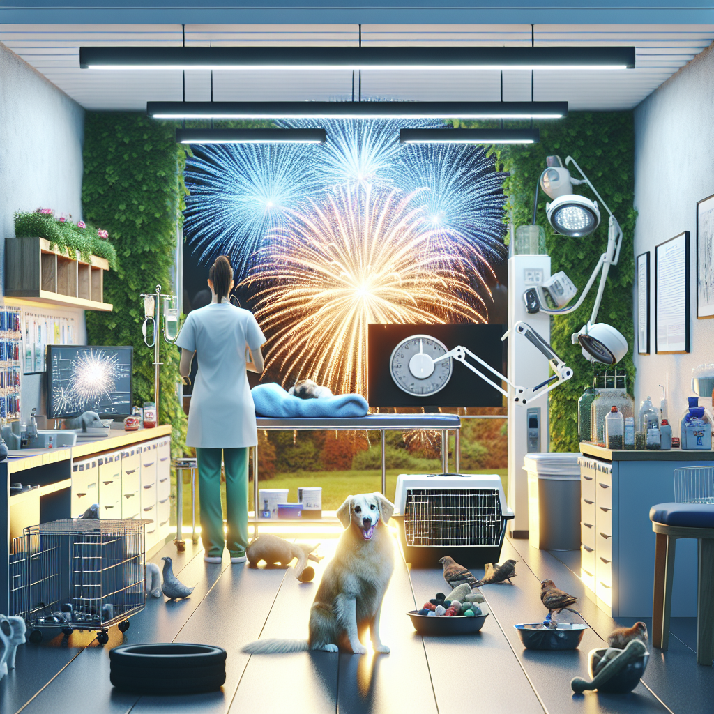 Veterinarian in a clinic watches fireworks, surrounded by pets, conveying a festive and caring atmosphere.
