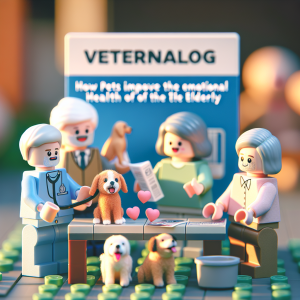 LEGO figures in a veterinary clinic discussing how pets enhance emotional health in the elderly, with playful dogs nearby.