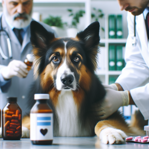 Veterinarian examines a dog in a clinic, with medication bottles on the table, emphasizing pet health care.