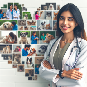 A friendly veterinarian smiles confidently in front of a heart-shaped collage of various pets and caregivers.