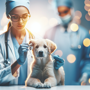 Veterinarian examining a golden retriever puppy with a stethoscope in a bright clinic setting.