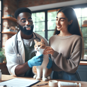 A veterinarian examines a friendly cat while a woman smiles, providing a warm, caring atmosphere in a well-lit clinic.