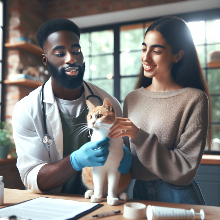 A veterinarian examines a friendly cat while a woman smiles, providing a warm, caring atmosphere in a well-lit clinic.