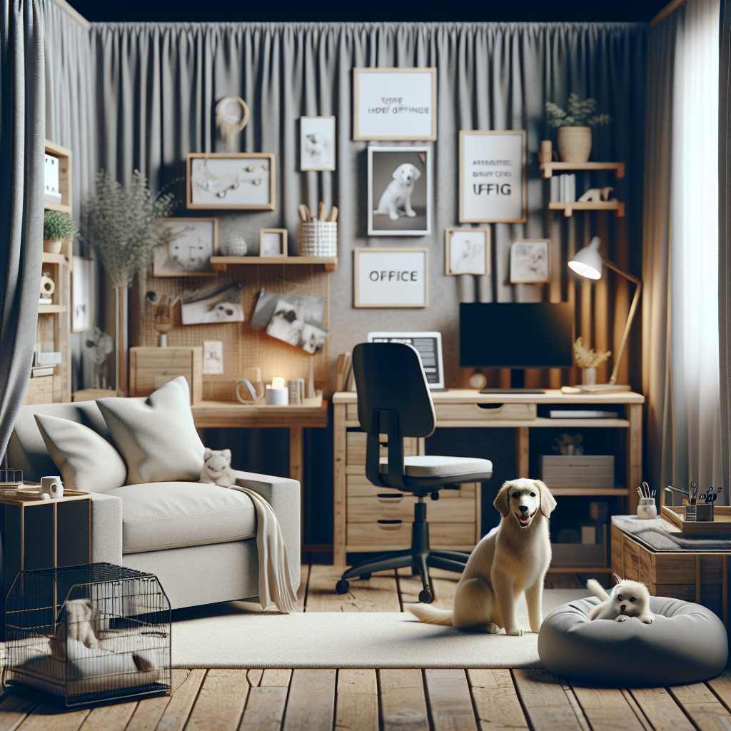 Cozy home office with a Labrador retriever and a puppy, featuring wooden furniture and soft decor, creating a welcoming works