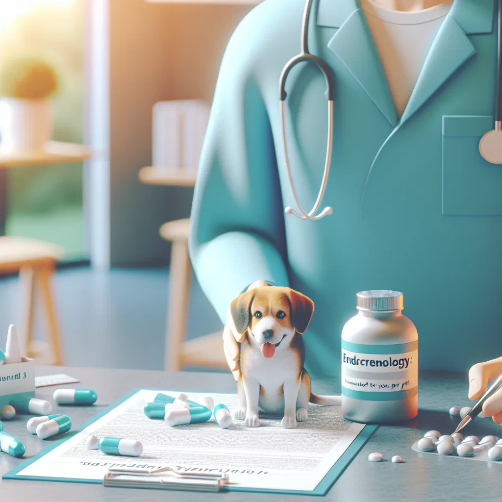 Vet examining medication and paperwork with a playful beagle puppy on the table, highlighting pet care and veterinary service