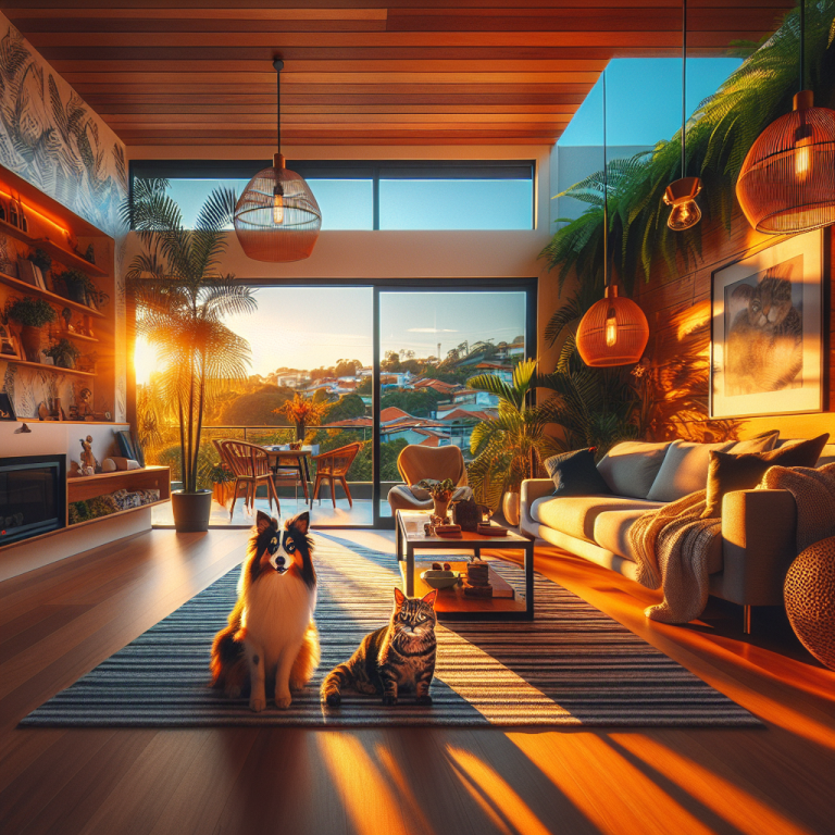 Cozy living room at sunset featuring a dog and cat on a striped rug, surrounded by plants and modern decor.