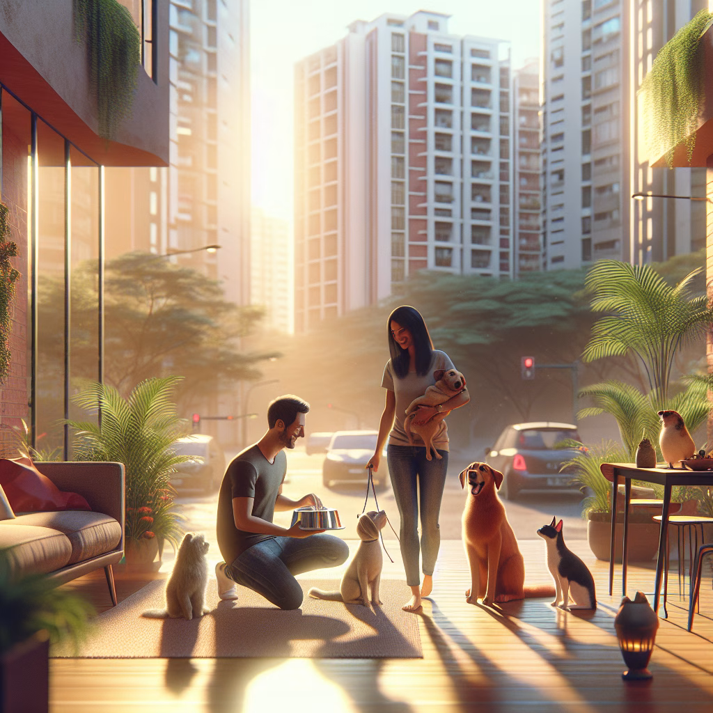 Casal com cães e gatos em varanda urbana