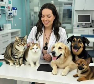 Veterinarian with five friendly pets—two dogs and three cats—gathered around her in a bright clinic setting.