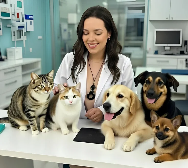 Veterinarian with five friendly pets—two dogs and three cats—gathered around her in a bright clinic setting.